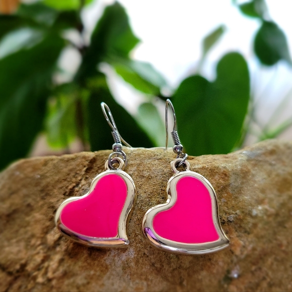 Neon Dangling Heart Earrings - Picture 1 of 2